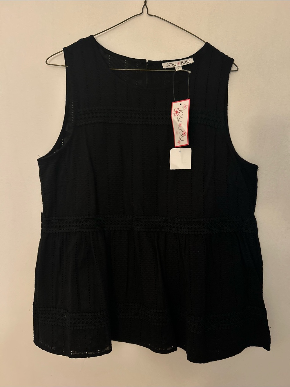 Joy Joy Black Sleeveless Peplum Eyelet Top